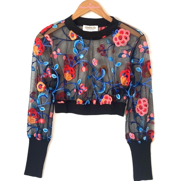 (A4c) NEW Cosmopolitan x Dress the Population Floral Sheer crop, Sz Small, NWOT - Picture 7 of 11